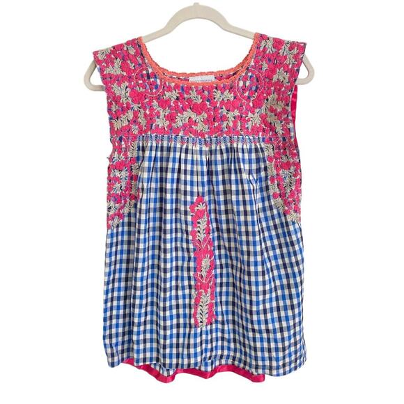 Mi Golondrina Flores Embroidered Mexican Top Blouse Blue Gingham Tuckernuck - Picture 1 of 4